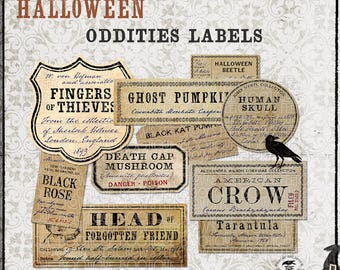 Op de afbeelding: Een digitaal downloadblad met acht Halloween-labels in vintage-stijl met tekst waaronder Fingers of Thieves, Ghost Pumpkin, Human Skull, Black Rose, Death Cap Mushroom, American Crow en Head of Forgotten Friend.