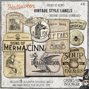 Könnte beinhalten: Acht Vintage-Halloween-Etiketten mit Illustrationen von einem Drachen, einem Basilisk, einer Meerjungfrau, einer Spinne, einem Kessel und Elfenohren. Die Etiketten sind auf altem Papier mit Schwarzweiß-Illustrationen und Text gedruckt. Der Text auf den Etiketten lautet "Dragon Blood", "Song of Mermacinn", "Freeze Dried Elf Ears", "Radioactive Spiders", "Hunky Style Soup", "Family of My Enemies", "Basilisk King of Serpents" und "Petrified Pixie Boogers".