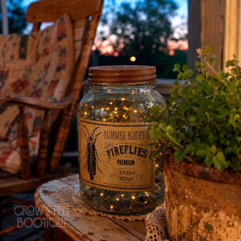 Op de afbeelding: Een glazen pot met een rustiek metalen deksel, gevuld met kleine gloeiende lichtjes. Het etiket bevat een vintage illustratie van een vuurvliegje en de tekst: SUMMER NIGHTS FIREFLIES PREMIUM EXTRA BRIGHT FROM THE GREAT SMOKY MOUNTAINS.