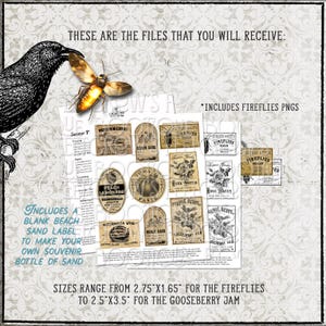 Op de afbeelding: Een digitale collectie van labels in vintage-stijl met een zwarte kraai en een gloeiende vuurvlieg. De set bevat diverse rechthoekige en ovale ontwerpen met tekst zoals Peach Lemonade en Fireflies. De maten vari&euml;ren van 6,99 bij 4,19 tot 6,35 bij 8,89 cm.