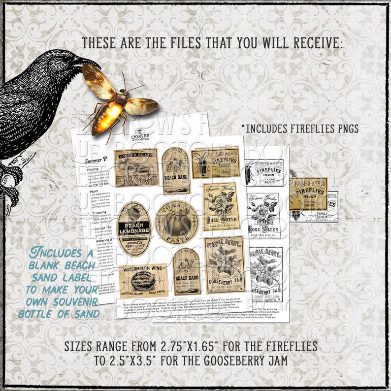 Op de afbeelding: Een digitale collectie van labels in vintage-stijl met een zwarte kraai en een gloeiende vuurvlieg. De set bevat diverse rechthoekige en ovale ontwerpen met tekst zoals Peach Lemonade en Fireflies. De maten vari&euml;ren van 6,99 bij 4,19 tot 6,35 bij 8,89 cm.