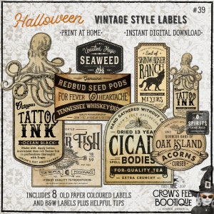 May include: Eight vintage-style Halloween labels with old paper textures and black and white illustrations. The labels feature text such as "Seaweed", "Redbud Seed Pods", "Skinwalker Ranch", "Tattoo Ink", "Dried Cicada Bodies", and "Oak Island Acorns".