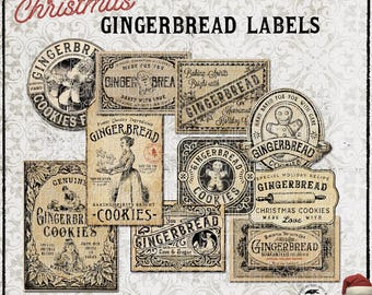 May include: A collection of ten vintage-style Christmas gingerbread labels featuring illustrations of gingerbread people, bakers, and rolling pins. The text includes phrases like Gingerbread Cookies, Made for You, and Baking Spirits Bright.