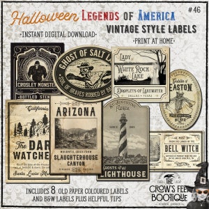 Puede incluir: Ocho etiquetas de Halloween de estilo vintage con leyendas espeluznantes de toda América. Las etiquetas son en blanco y negro con un aspecto desgastado y presentan texto como "Fantasma del Lago Salado", "Monstruo de Crosley", "El Observador Oscuro", "Cañón del Matadero", "Dama del Lago White Rock", "Gotas de Lakewater", "San Agustín Florida", "Duende de Easton", "Niebla de las Tierras de la Bruja de la Campana" y "The Crow's Feet Boutique".