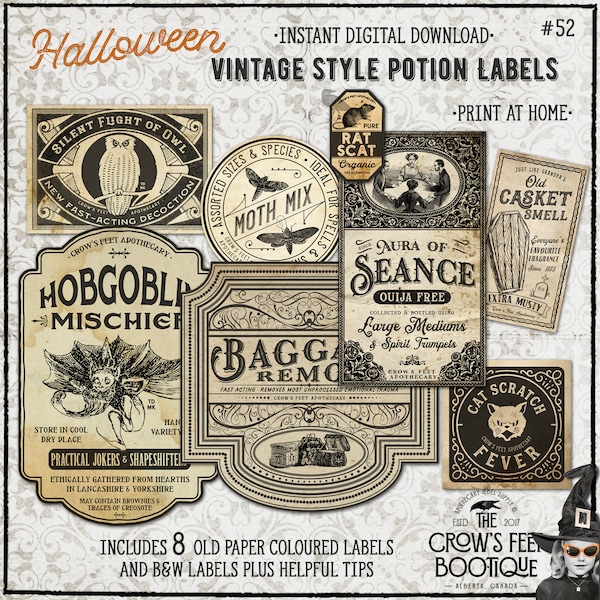 Vintage Look Potion Labels #52, Halloween Apothecary Labels for Jars, Printable