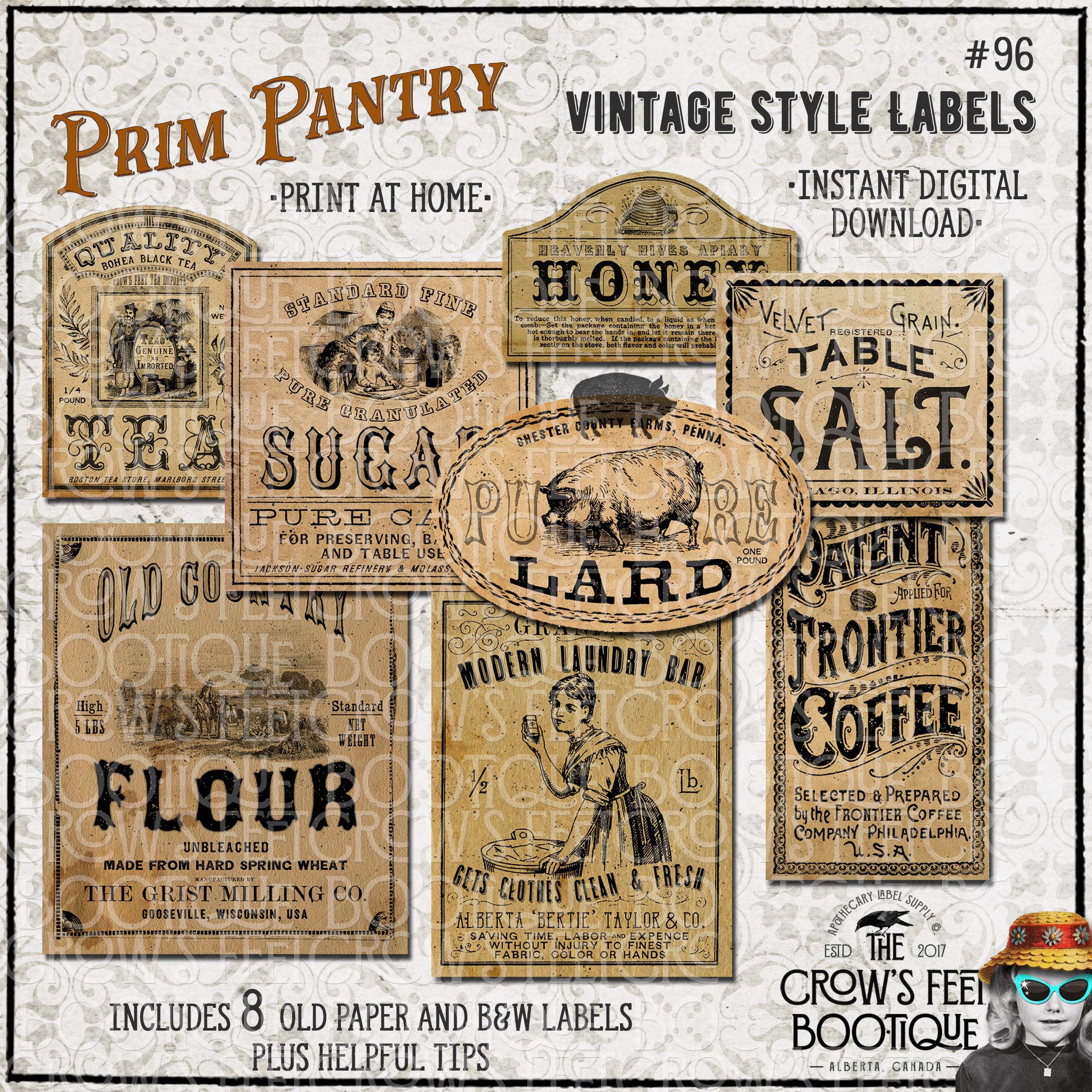 1800's Primitive Style Pantry Labels #96, Printable - Etsy