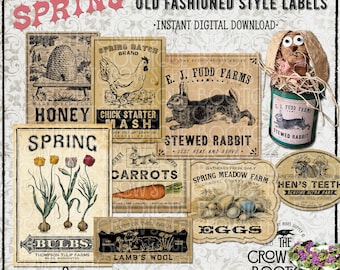 Primitive Country Style Spring Labels & Bunny Pattern, #126, Printable