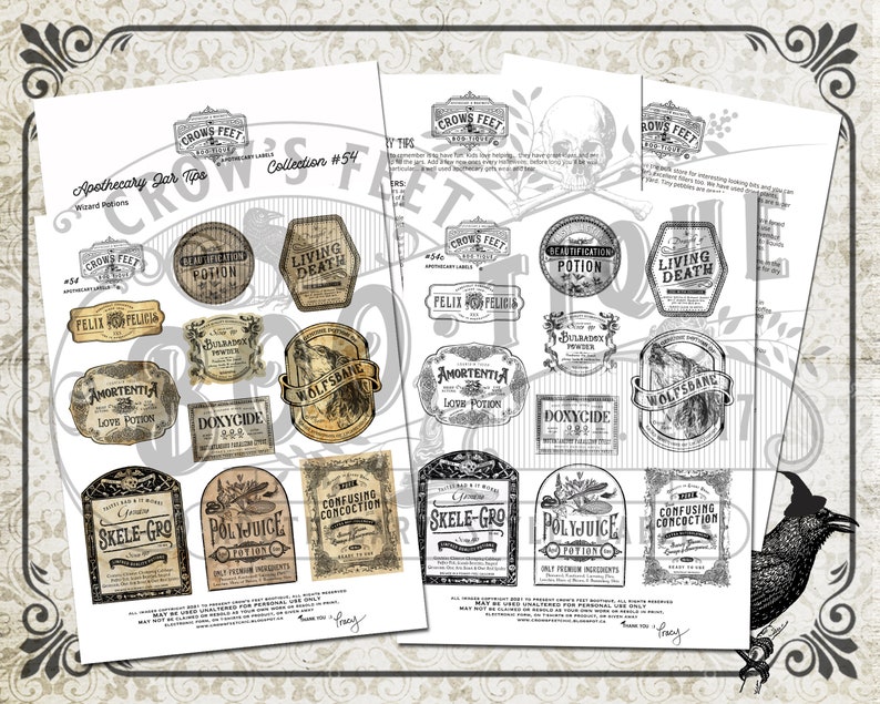 Vintage Look Potion Labels 54, Wizards Apothecary Labels for Jars, Printable image 2