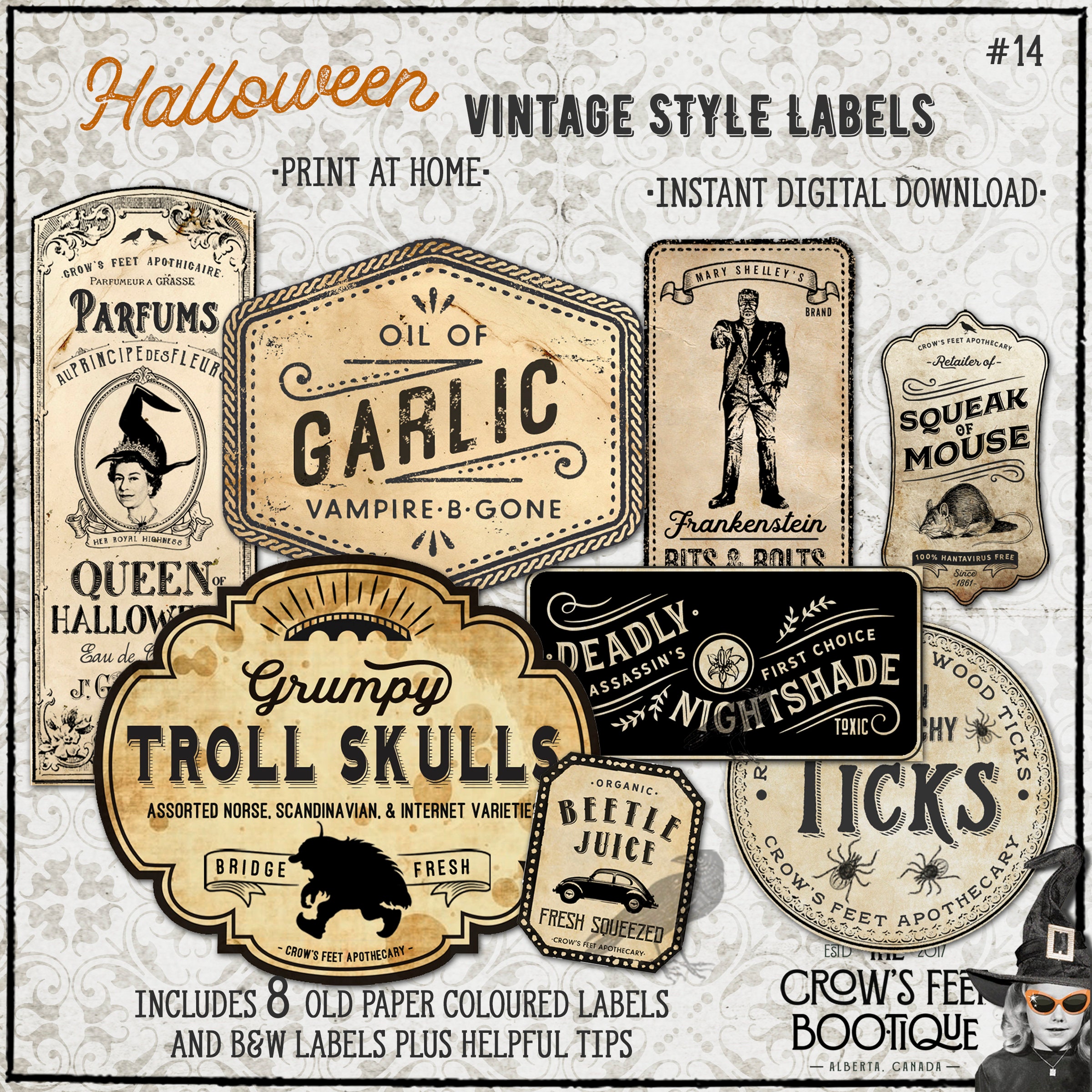 Vintage Look Potion Labels #14, Halloween Apothecary Labels for Jars, Printable