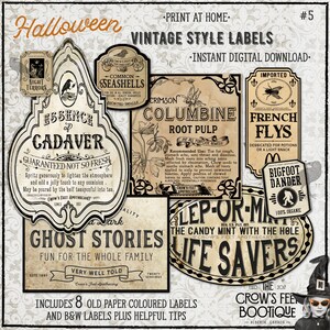 May include: Eight vintage Halloween labels with black and white illustrations and text. The labels feature spooky themes like "Essence of Cadaver", "Common Seashells", "Crimson Columbine Root Pulp", "French Flys", "Lep-Or-Man", "Ghost Stories", and "Bigfoot Dander".