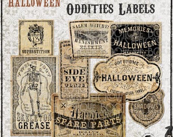 Op de afbeelding: Een verzameling van acht Halloween-labels in vintage-stijl met zwarte tekst en afbeeldingen op verouderd beige papier. De ontwerpen bevatten Skeleton Grease, Salem Witches Banishment Elixir, Side Eye Tonic, Haunted Spare Parts en Halloween.