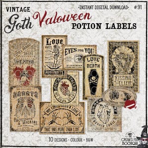 May include: A collection of ten vintage-style potion labels featuring gothic and macabre illustrations. The designs include skeletons, anatomical hearts, skulls, and bats with text such as Love Potion, Kissing Elixir, and Broken Heart Repair Tonic.