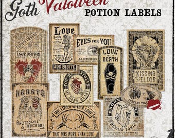 Può includere: Una collezione di dieci etichette per pozioni in stile vintage con illustrazioni gotiche e macabre. I disegni includono scheletri, cuori anatomici, teschi e pipistrelli con testi come Love Potion, Kissing Elixir e Broken Heart Repair Tonic.