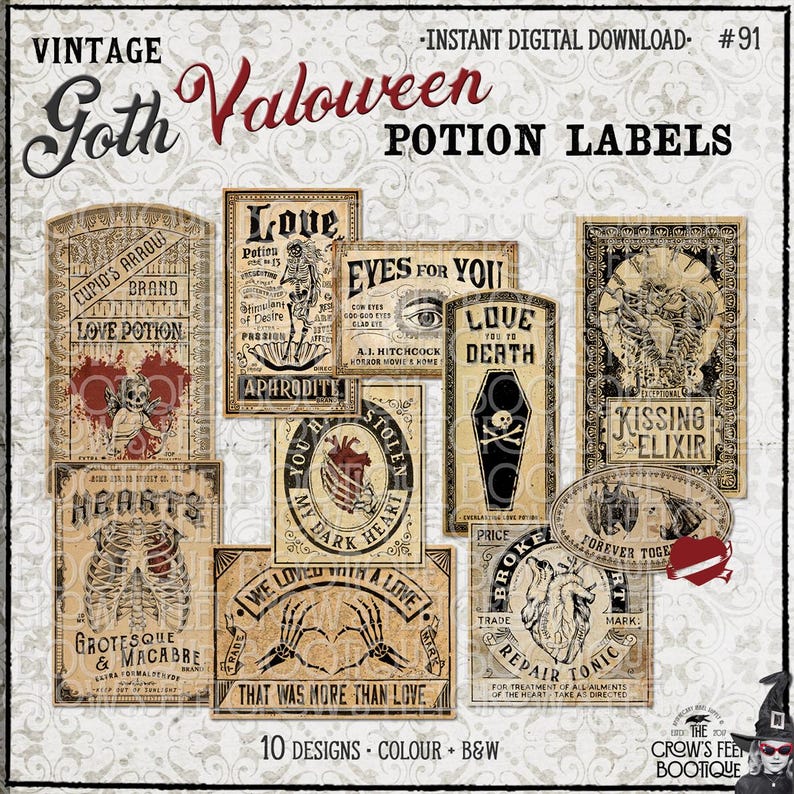 May include: A collection of ten vintage-style potion labels featuring gothic and macabre illustrations. The designs include skeletons, anatomical hearts, skulls, and bats with text such as Love Potion, Kissing Elixir, and Broken Heart Repair Tonic.