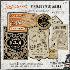 May include: Eight vintage-style Halloween labels with spooky themes, including "Blood Curdling Screams & Shrieks", "Pixie Dust", "Poison Dart Frog", "Haunting Powder", "Mummy Wrap", "Witch Spirits", "Ghosts Quality Apparitions", and "Poison Blend". The labels are in black, white, and brown with illustrations of a frog, a skull, a witch's hat, a ghost, and a mummy.
