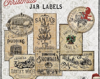 May include: A collection of eight vintage-style Christmas jar labels featuring sepia-toned illustrations of Santa Claus, a Christmas tree, mistletoe, a snowman, and a sleigh. The labels include text such as Santa's Brand, Christmas Pudding, and North Pole Express.