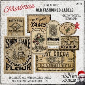 Op de afbeelding: Acht vintage-stijl kerstlabels met zwart-wit illustraties en tekst. De labels bevatten afbeeldingen van gingerbread, snoepstokken, cranberrygelei, kerstsokken, warme chocolademelk en kerstmeel. De tekst op de labels omvat "Noordpool", "Feestdagen gekonfijte Yams", "Kerstsokken zetmeel", "Cranberrygelei", "Warme chocolademelk" en "Kerstbakmeel".