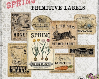 May include: A collection of eight vintage-style primitive labels featuring illustrations of a beehive, hen, rabbit, eggs, tulips, chicken, lamb, and carrots. The labels include text such as Honey, Hen's Teeth, Stewed Rabbit, Spring Bulbs, Chick Starter Mash, and Lamb's Wool.