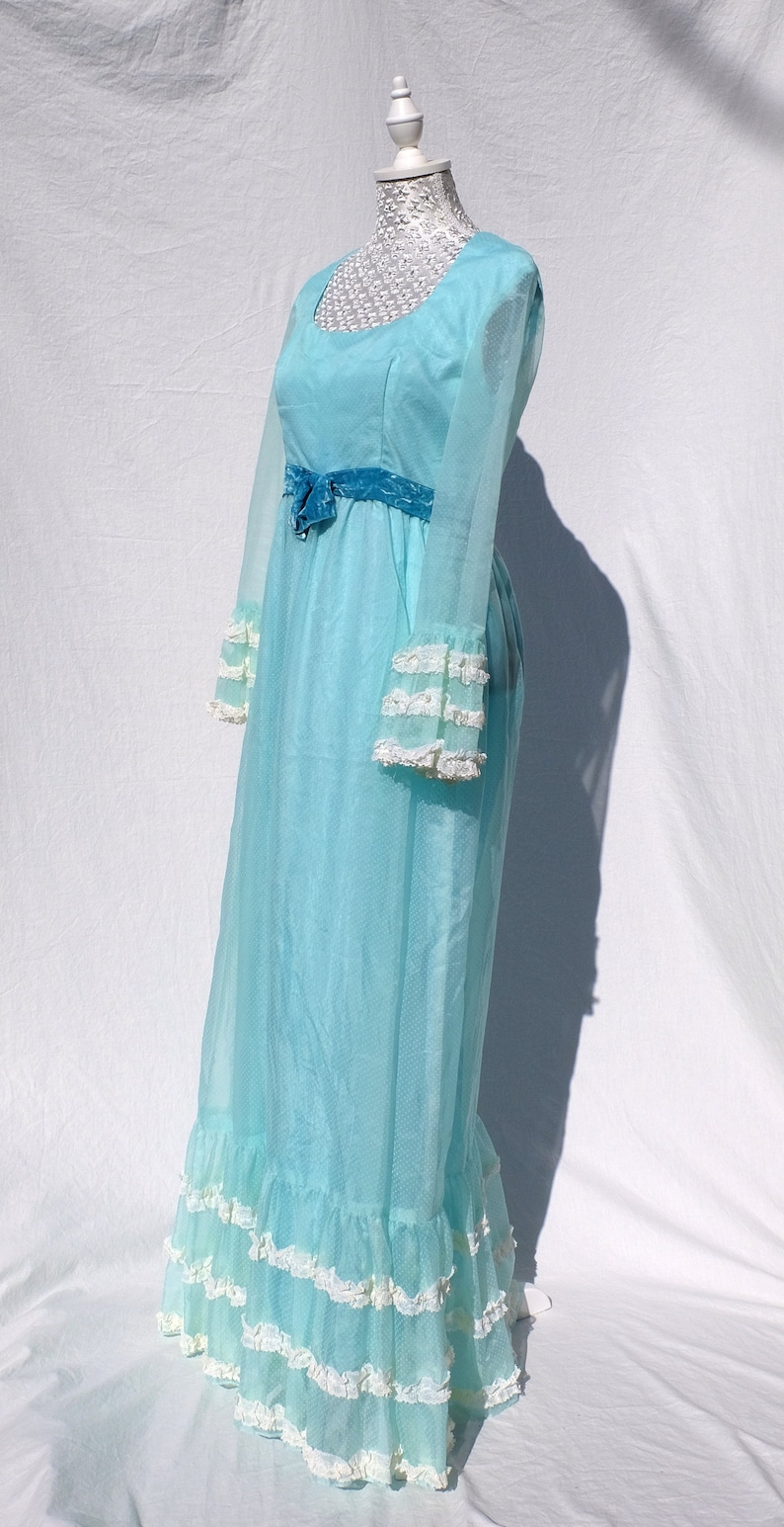 Vintage 1960s Pastel Mint Swissdot Tiered Lace dress prairie dress 60s dress pastel dress frills lace dress scoop neck velvet