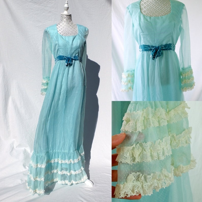 Vintage 1960s Pastel Mint Swissdot Tiered Lace dress prairie dress 60s dress pastel dress frills lace dress scoop neck velvet