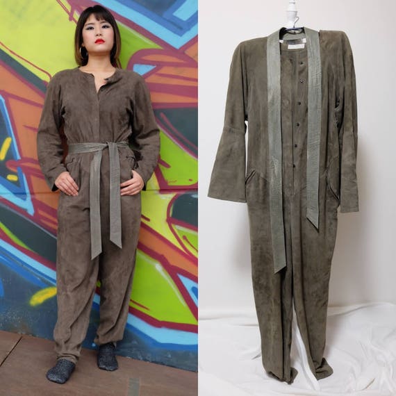 Vintage Suede Jumpsuit Olive Green Brown with belt