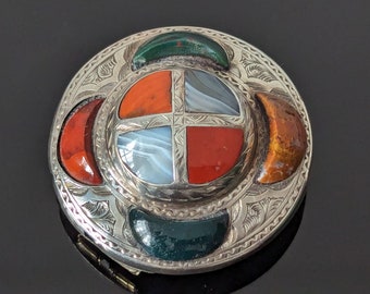 Antique Victorian Scottish Agate and Jasper Silver Brooch