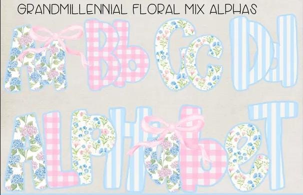 Grandmillennial Floral Mix Bow Alphabet PNG | Digital Download | Grandmillennial Bow Alphabet PNG | Hydrangea Floral Gingham Stripe Alpha