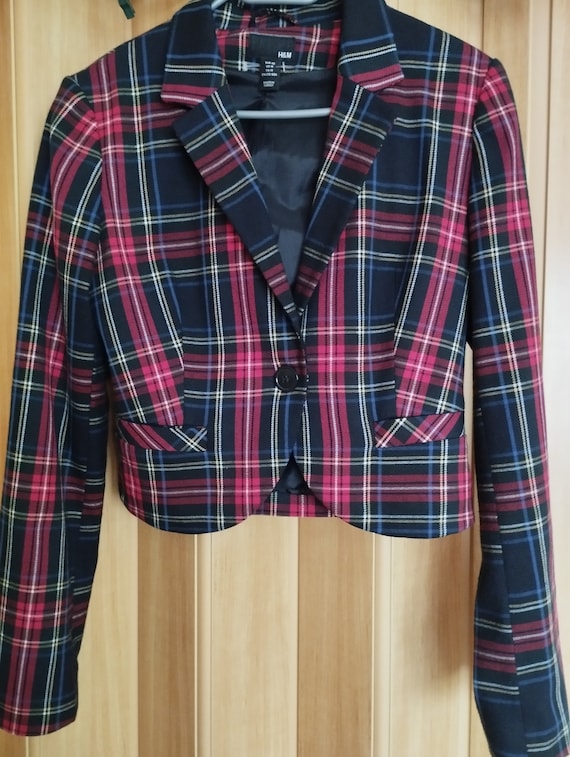 Vintage Womens Jacket/Short Checkered Blazer/Blue… - image 1