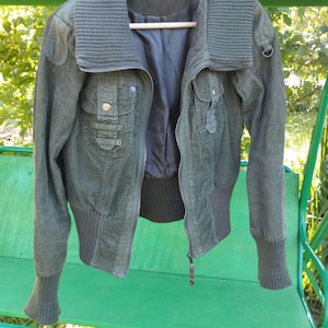 Vintage Womens Khaki Courdory Jacket/Zipper Jacket/Short Jacket/Pockets/Collared/Size M