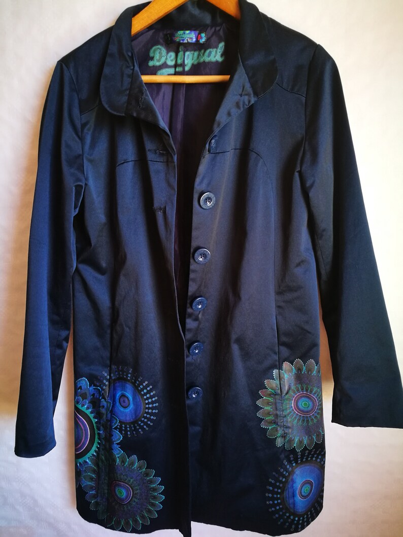 Vintage Womens CoatDESIGUAL TrenchDark Blue Spring CoatAbstract PrintLong SleeveButton UpPocketsliningSize M