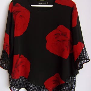 Vintage Women's Blouse/Elegant Blouse/Party Blouse/Asymmetrical Tunic/Black With Red Flowers/Round Neck/3/4 Sleeves/Lining/Size M- L