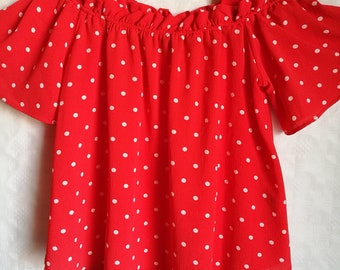 Vintage Womens Blouse/Sexy Summer Top/Red White Polka Dot /Straps with Short Sleeve/Size M