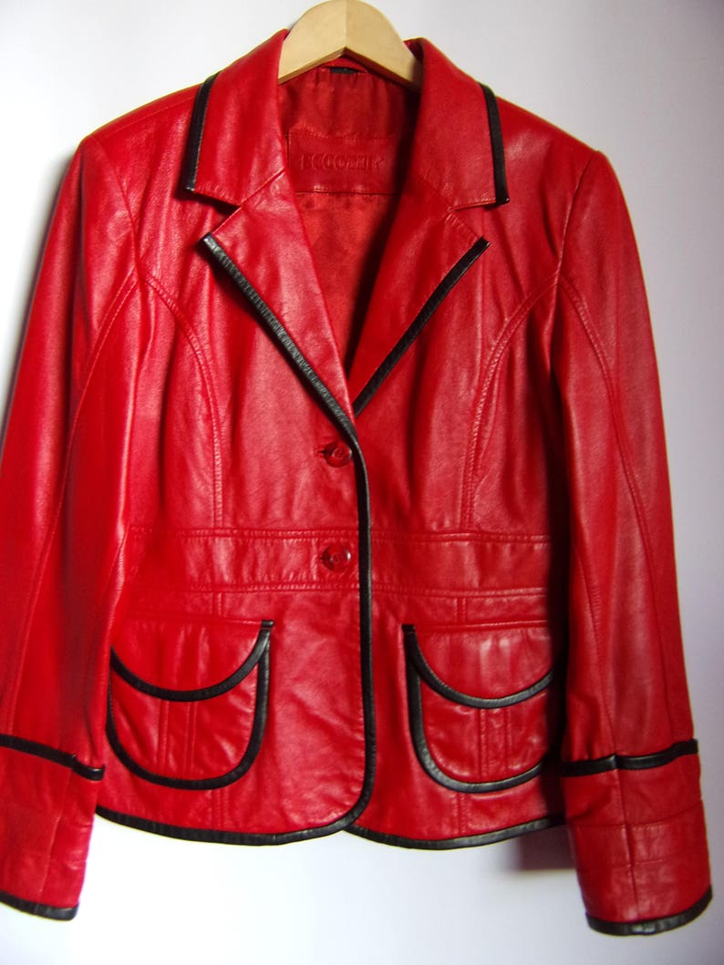 Vintage Women S Real Leather Jacket Red Black Genuine On Up Pockets Lining Size M L