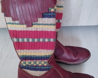 bottes vintage pour femmes / Purimusac Vidata Natural Boots / Cuir véritable rouge foncé avec bottes tricotées / semelle en caoutchouc / fermeture éclair / taille EU 40