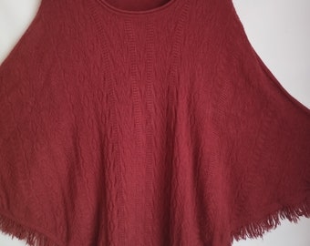 Vintage Womens Poncho with 3/4 Sleeve/Knitted Dark Red Kimono Poncho/Wide Poncho/Fringe Poncho/Size XL