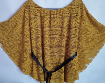 Vintage Womens Mustard Yellow Blouse/Lace Blouse/Kimono Sleeve/Lining/Size M