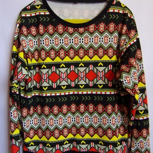 Women&#39;s Jumper/Bright Colorful Sweater/Abstract Print/ Cotton Sweater/Black Red Yellow/Round Neck/ Long Sleeve/ Size M- L