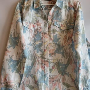 Vintage Womens Shirt/Linen Cotton Shirt/PER UNA Shirt/White Blue Pink/Pockets/Long Sleeve/Foldable Collar/Button Up/Size L