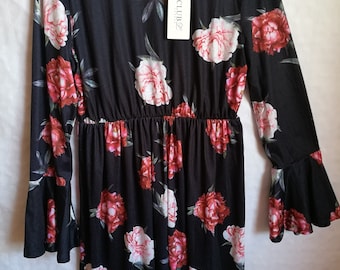Vintage Womens Dress/Black Pink Orange Elastic Dress/Long Sleeve/Floral Pattern/Elegant Dress/Size L