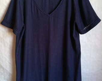 Vintage Womens Tunic/Dark Blue Summer Tunic/Cotton Linen Viscose/Embroidered Tunic/Short Sleeve/V Neck/Long Blouse/Size L