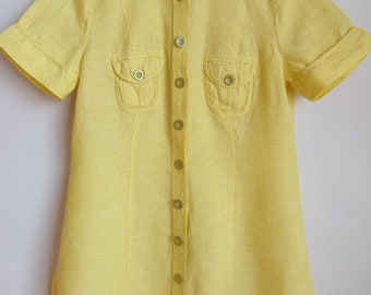 Vintage Women's Tunic/100% Linen Blouse/Long Tunic/Yellow White Batic Summer Linen Shirt/Short Sleeve/Pockets/Metal Button/ Size S