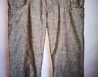 Vintage Womens Pants/Linen Polyester Summer Pants/Gray Linen Pants/Capri Pants/Pockets/Button Up/Size L