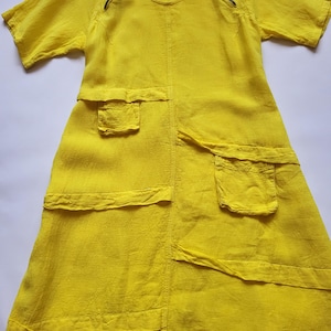 Vintage Womens Bright Yellow Linen Dress/Midi Dress/Short Sleeve/Beach Dress/Size XL