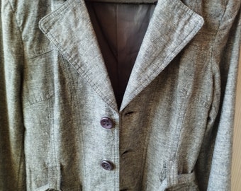 Vintage Womens Blezer/Linen Cotton Gray Jacket/Button Up/Long Sleeve/Collared/Tied with Belt/Lining/Size M