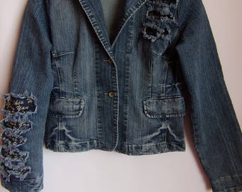 Vintage Women's Jacket/Boho Denim Jacket/Blue Denim Jacket/Short Jacket/Button Up/ Pockets/Long Sleeve/Widespread Sleeves/Size M