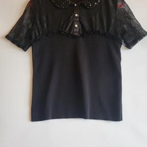 Blusa vintage feminina/Blusa preta elegante/Blusa CASAMIA/Gola bordada/Botões de vidro/Blusa de malha/Manga curta/Renda/Tamanho P-M