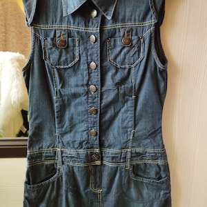 Vintage Womens Dark Blue Denim Dress/Sleeveless Sarafan/Pockets/Metal Buttons/Size S- M
