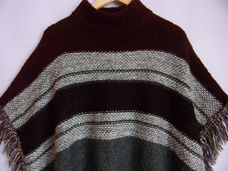 L Vintage Women/'s PonchoKnitted Sweater PonchoCherry Brown Gray White PonchoFringe PonchoWarm Soft Size XL