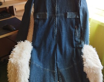 Vintage dames overall/donkerblauwe denim jumpsuit/zakken met rits/rits/riem verstelbaar/maat M-L