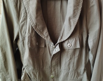 Vintage Damen Trench/Frühling Sommer Khaki Grün Baumwolljacke/Reißverschluss/Druckknöpfe/Taschen/Gürtel/Kragen/Größe L